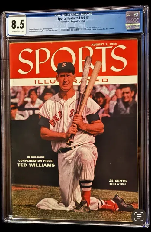 Ted Williams on Sports Illustrated cover, kneeling, holding bats. Magazine graded 8.5.