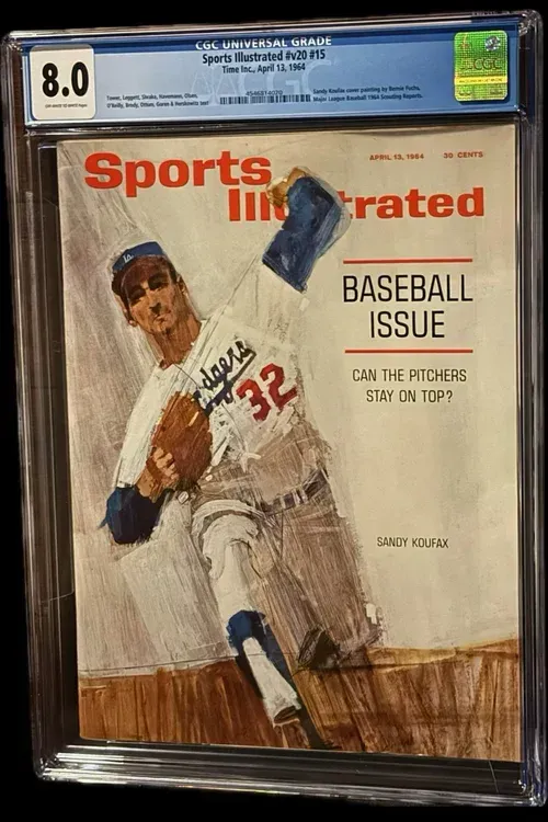 Sports Illustrated magazine cover featuring Sandy Koufax pitching in a Dodgers uniform. Graded 8.0 in a plastic case.