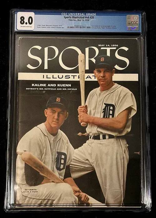 Sports Illustrated cover: May 17, 1954. Baseball players Al Kaline and Harvey Kuenn in Detroit Tigers uniforms, graded 8.0.