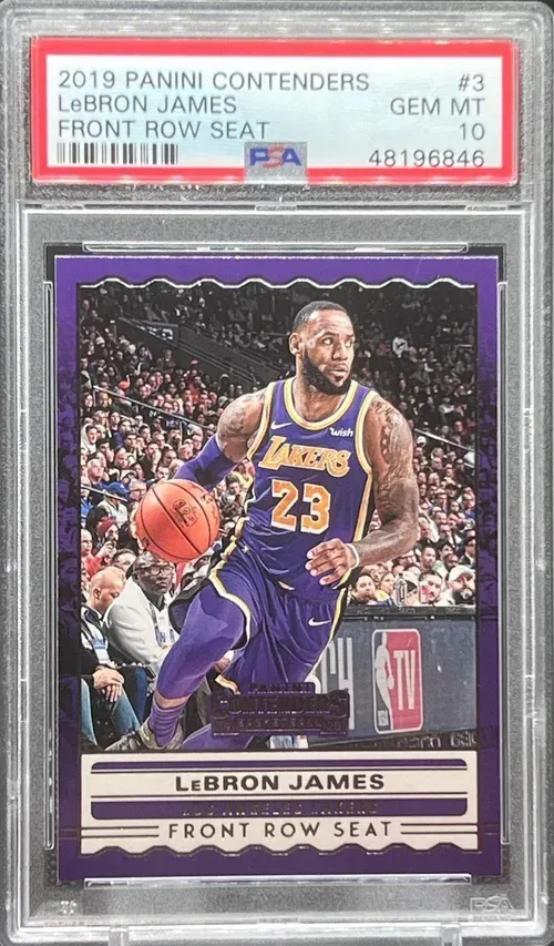 LeBron James basketball card in a purple and gold Lakers uniform, graded as gem mint.