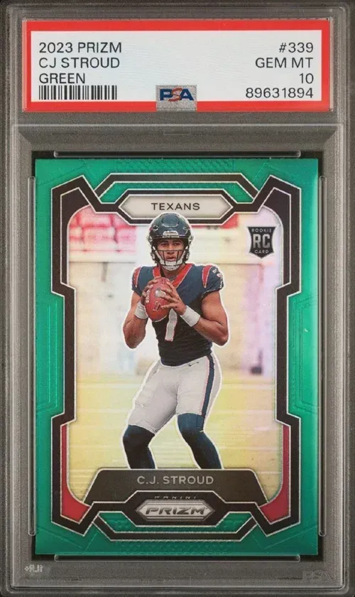 A PSA 10 graded CJ Stroud Green Prizm football card. Stroud in Texans uniform, green and red border.