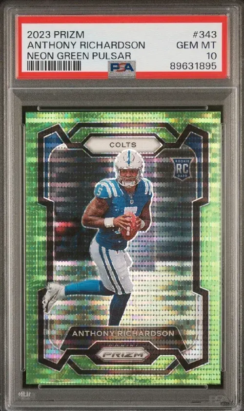 Anthony Richardson football card, Neon Green Pulsar, graded GEM MT 10. Player in Colts uniform.