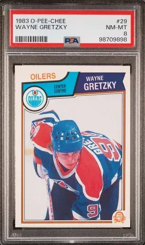 Graded hockey card of Wayne Gretzky in an Oilers jersey.