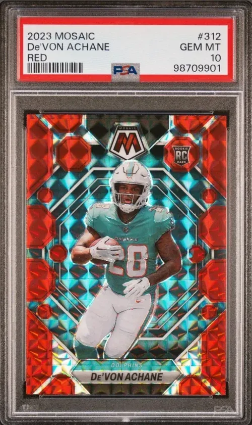 A graded DeVon Achane 2023 Mosaic Red football card. The card has a red and blue mosaic background and is graded a 10.