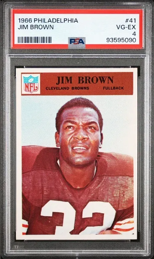 A graded Jim Brown football card from 1960. The card shows Brown in his Cleveland Browns uniform.