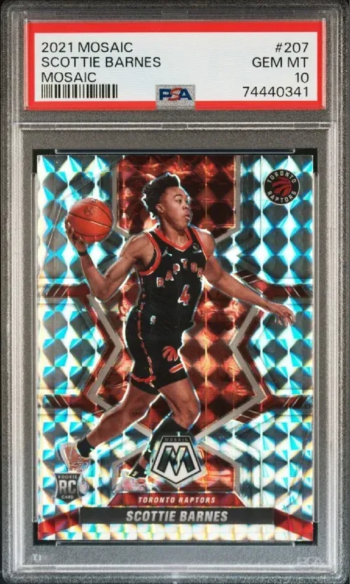 A graded Scottie Barnes rookie card in a mosaic style, playing for the Toronto Raptors.