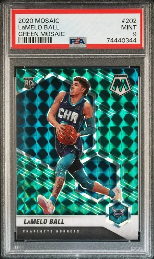 Graded LaMelo Ball rookie card in a green mosaic design.