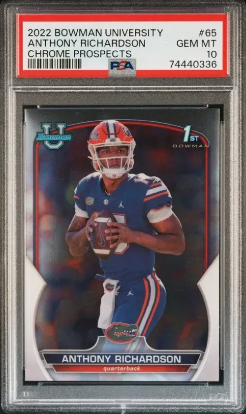 A graded Anthony Richardson football card in a PSA case. He is in a Florida Gators uniform, holding a football.