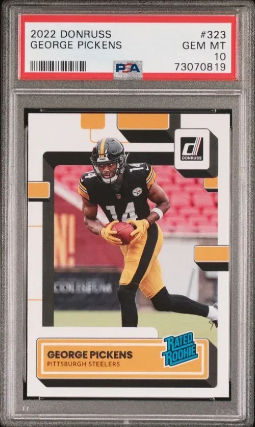 A PSA graded 2022 Donruss George Pickens football card. Player in Steelers uniform.