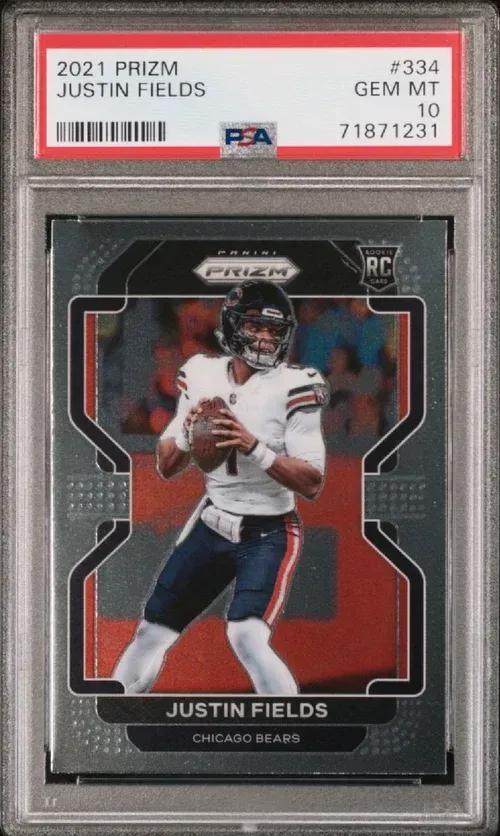Graded Justin Fields football card, graded a 10. Fields in Bears uniform.
