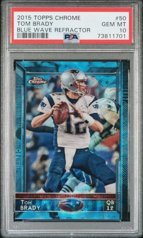 Tom Brady football card, 2015 Topps Chrome Blue Wave Refractor, graded GEM MT 10.