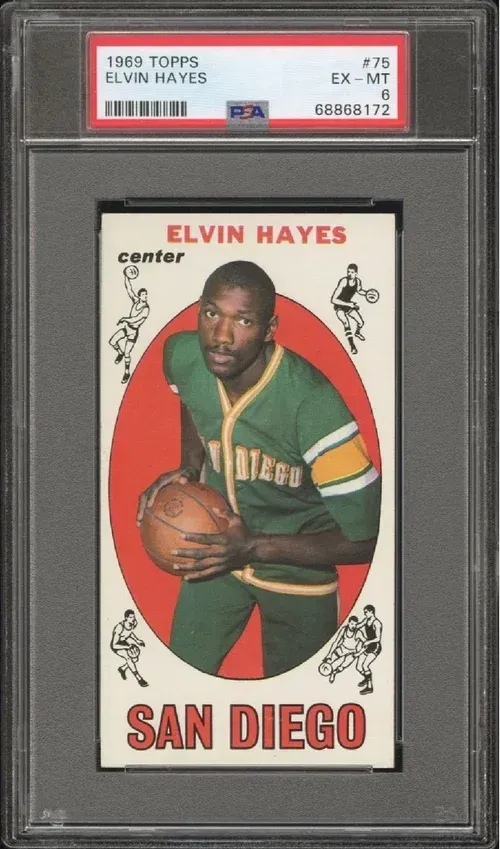 1969 Topps Elvin Hayes basketball card, graded EX-MT 6. Hayes in green San Diego jersey, holding a ball.