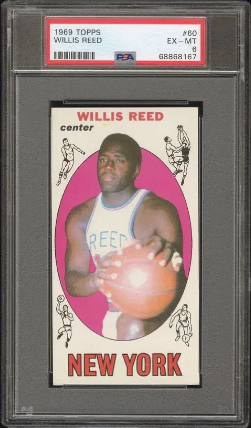 A graded 1965 Topps Willis Reed basketball card. Reed in a pink circle, holding ball. 
