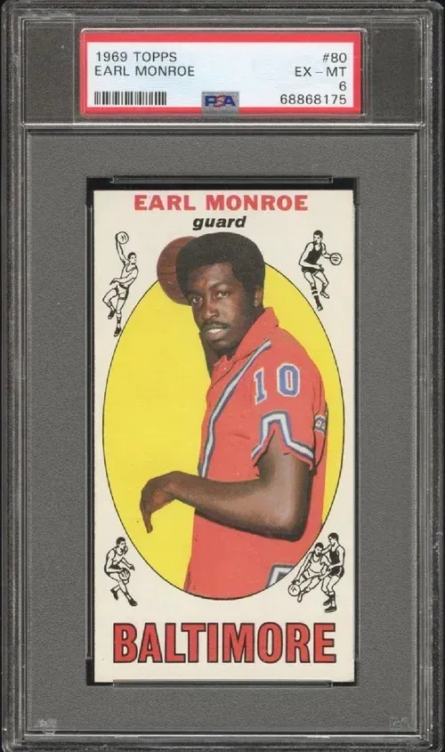 1968 Topps Earl Monroe basketball card, graded EX-MT 6.  Red jersey, yellow background, 