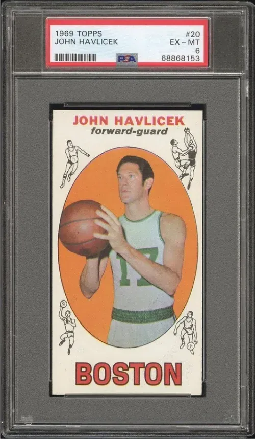 John Havlicek basketball card in a PSA holder; a player holding a basketball.
