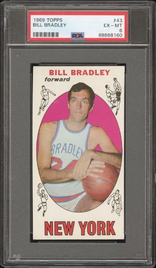 A PSA-graded 1966 Topps Bill Bradley basketball card. The card features Bradley in a Knicks uniform.