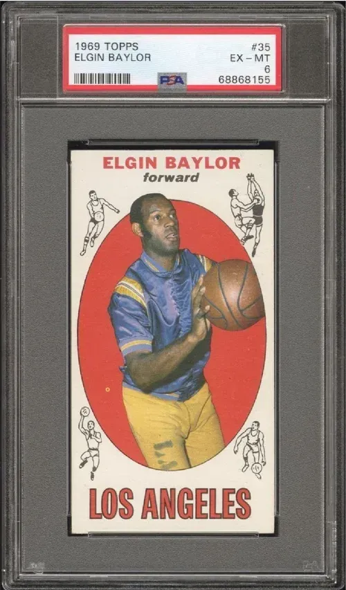1963 Topps Elgin Baylor basketball card, PSA graded. Baylor in Lakers uniform with red background.