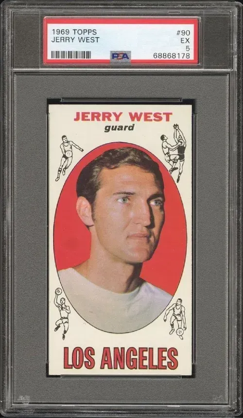 1968 Topps Jerry West basketball card, graded PSA EX 5. West in a red oval with white background, Los Angeles.