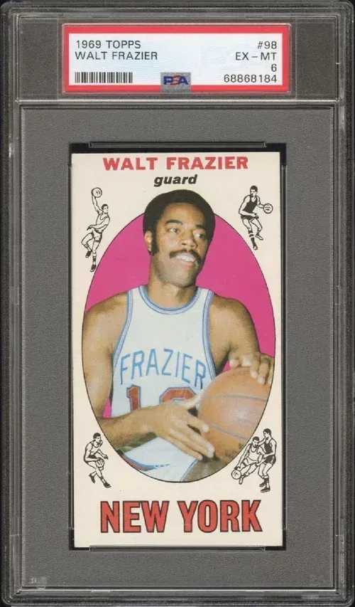 A PSA-graded 1969 Topps Walt Frazier basketball card. Frazier in Knicks uniform, holding a basketball, set on a pink oval.