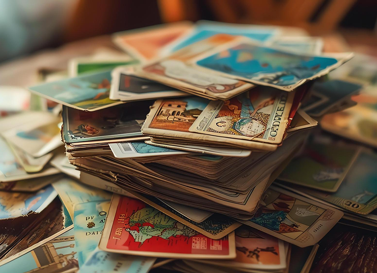 Pile of colorful vintage postcards, close-up view. Some visible world maps, buildings, and detailed images.