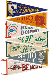 Vintage NFL pennants: Chargers, Chiefs, Dolphins, Jets (2), Oilers, Bengals.