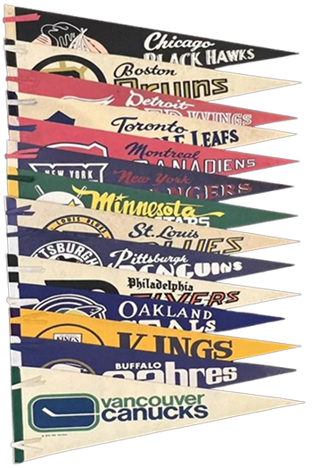 Collection of vintage NHL pennants, including teams like the Blackhawks, Bruins, Red Wings, and Canucks.