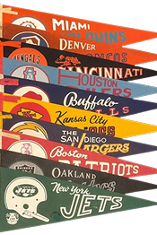 Vintage pennants with NFL team logos and names: Miami, Denver, Cincinnati, Houston, Buffalo, Kansas City, San Diego, Boston, Oakland, and New York.