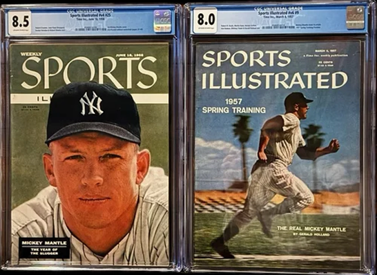 Two Sports Illustrated covers featuring Mickey Mantle. One is a portrait, the other shows him running during spring training.