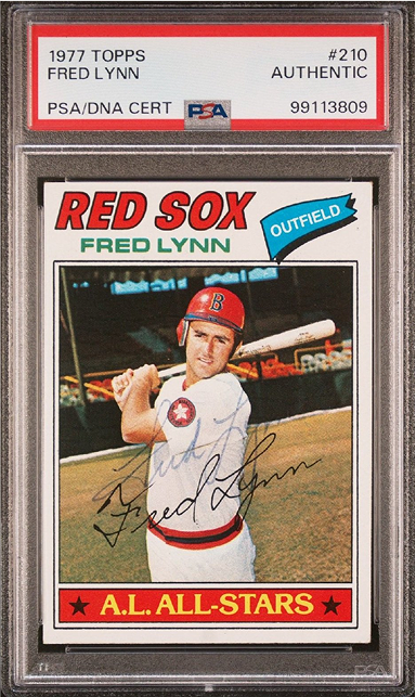 1977 Topps Fred Lynn baseball card, graded by PSA. Lynn in Red Sox uniform, holding a bat.