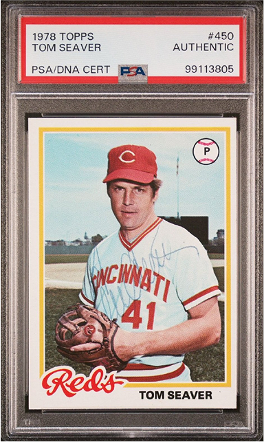 1978 Topps Tom Seaver baseball card, graded Authentic by PSA, featuring Seaver in a Reds uniform.