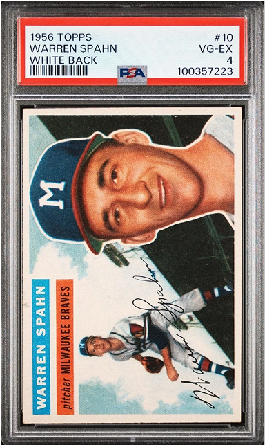 Graded 1956 Topps Warren Spahn baseball card, white back, PSA grade 4. Features player in uniform and signature.