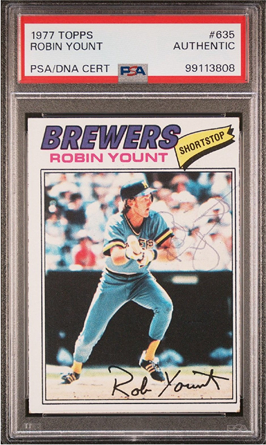 1977 Topps baseball card of Robin Yount in a Brewers uniform, graded authentic by PSA.