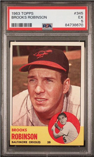 1963 Topps Brooks Robinson baseball card, PSA EX 5 grade, framed in a grey holder.