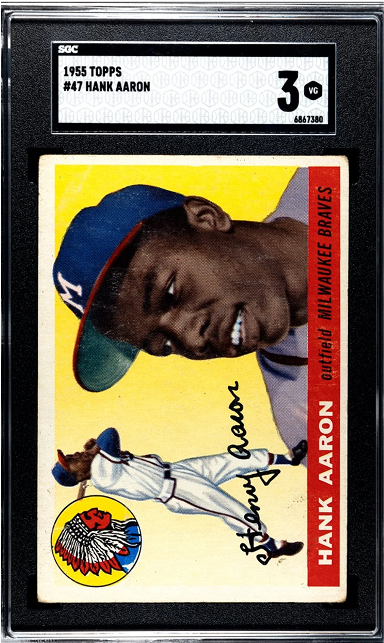 1955 Topps Hank Aaron baseball card graded 3. Features Aaron in a Braves uniform, posed with a baseball bat.