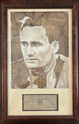 Framed portrait of a man on a newspaper background; below is a signed document. Brown, beige tones.
