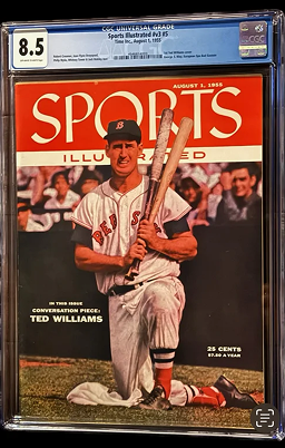 Sports Illustrated cover featuring Ted Williams kneeling with baseball bats; red, white, and black colors.