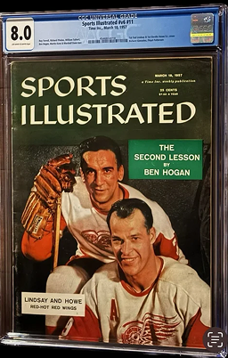 Sports Illustrated cover featuring hockey players Gordie Howe and Ted Lindsay. Cover reads, “The Second Lesson by Ben Hogan.” Graded 8.0.
