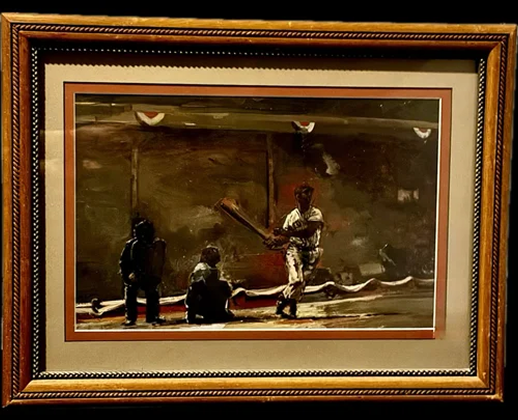 Baseball painting: batter swinging, catcher, umpire, brown tones, framed.