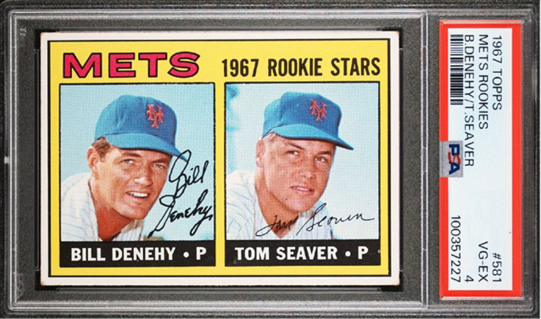 A 1967 Topps Mets Rookie Stars baseball card featuring Bill Denehy and Tom Seaver.