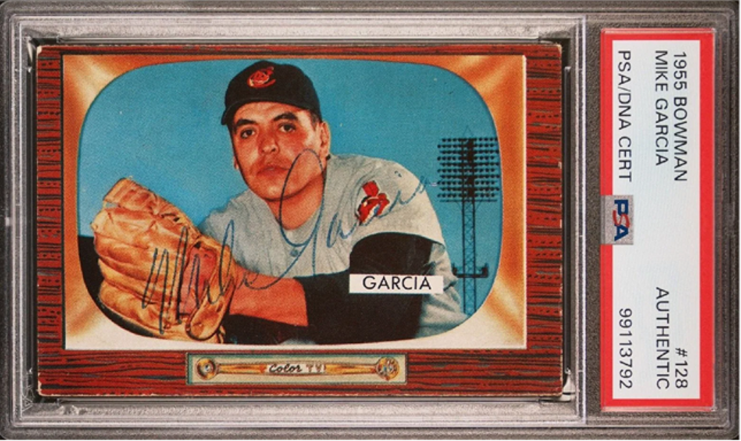 1955 Bowman baseball card of Mike Garcia, in a TV-themed frame. Autographed, graded authentic by PSA.