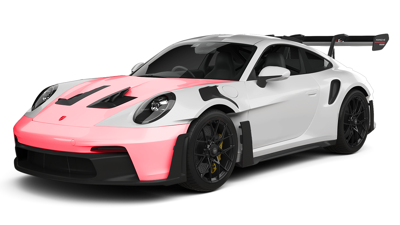 A white and pink porsche 911 gt3 rs is shown on a white background.