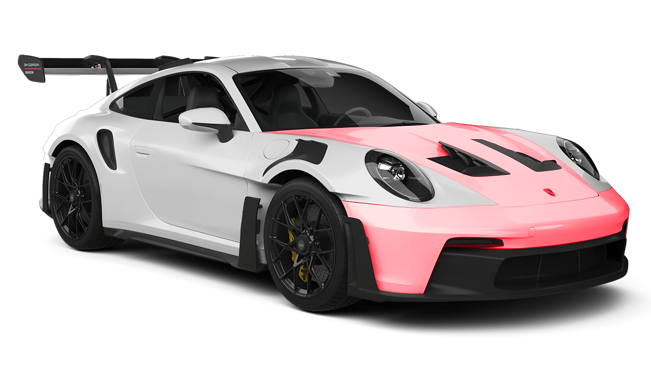 A white and pink porsche 911 gt3 rs is shown on a white background.