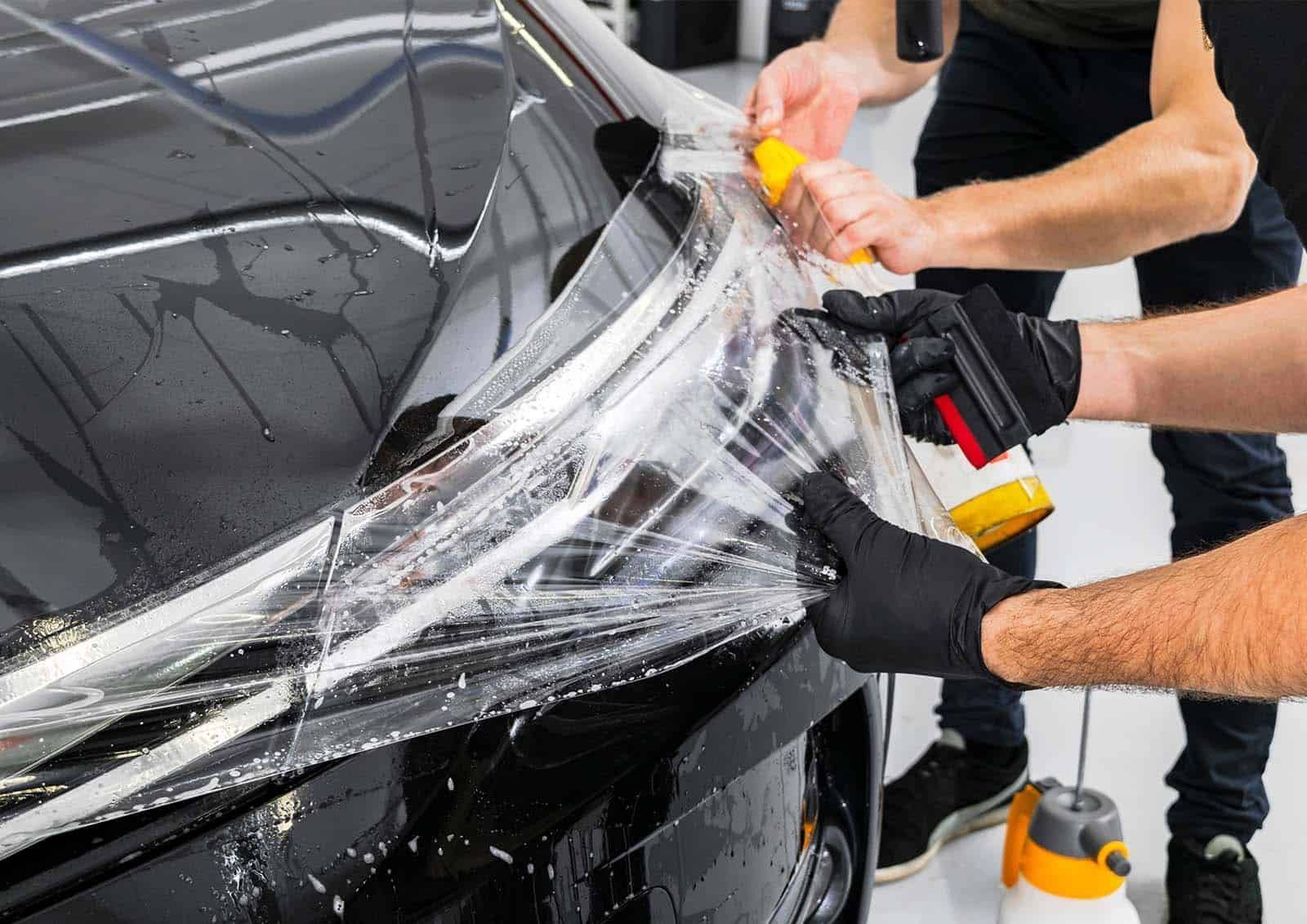 A man is wrapping a car with plastic wrap.