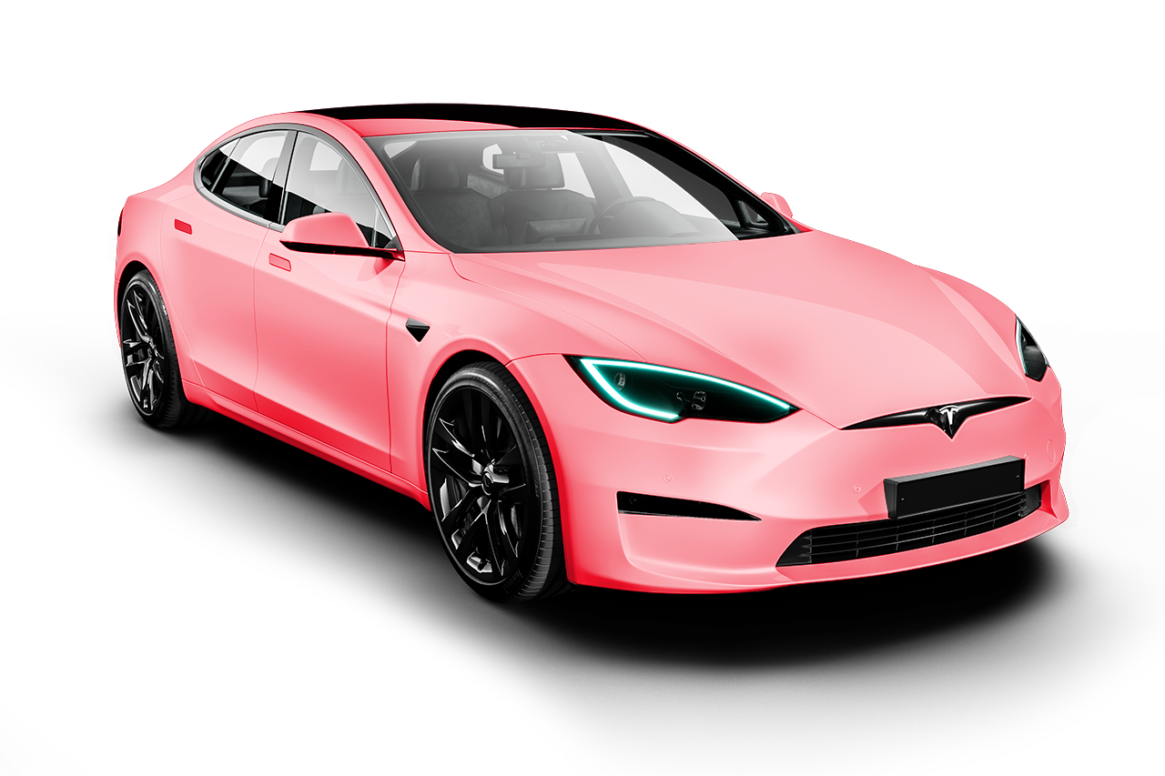 A pink tesla model s is on a white background.