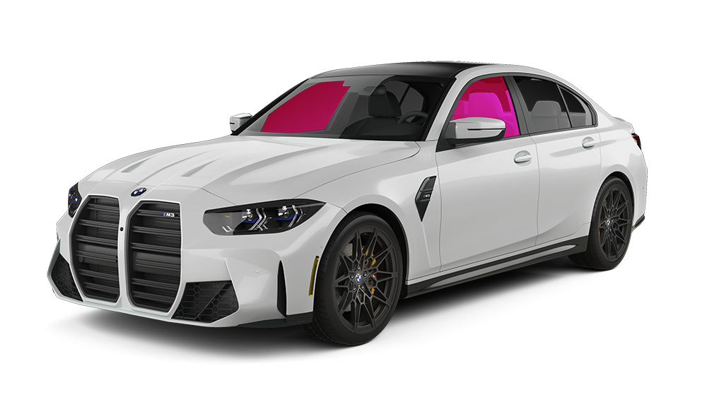 A white bmw m3 with pink windshield shades on a white background.