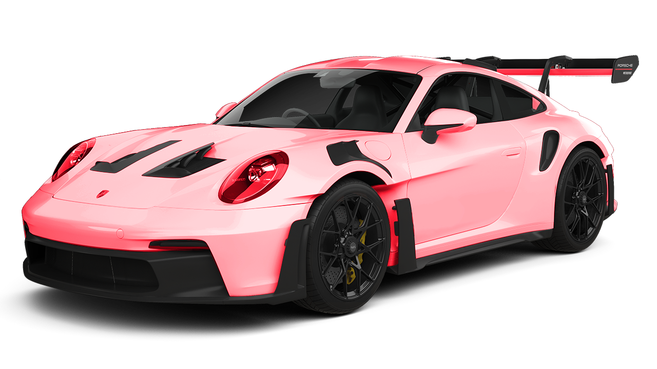 A pink porsche 911 gt3 rs is shown on a white background.