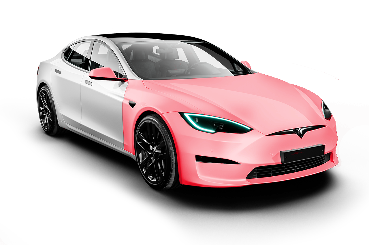 A tesla model s with a pink paint job on it.