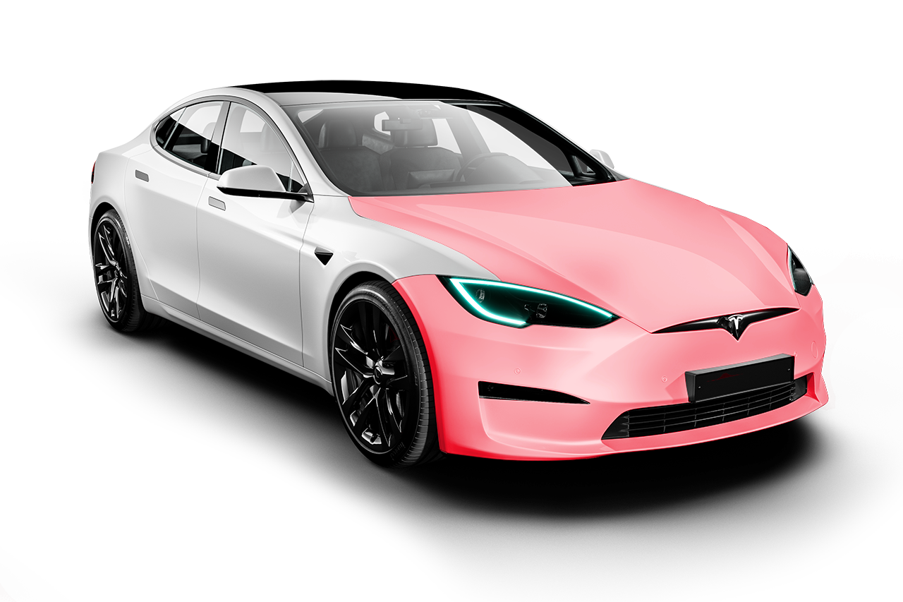 A white tesla model s with a pink stripe on the front bumper.