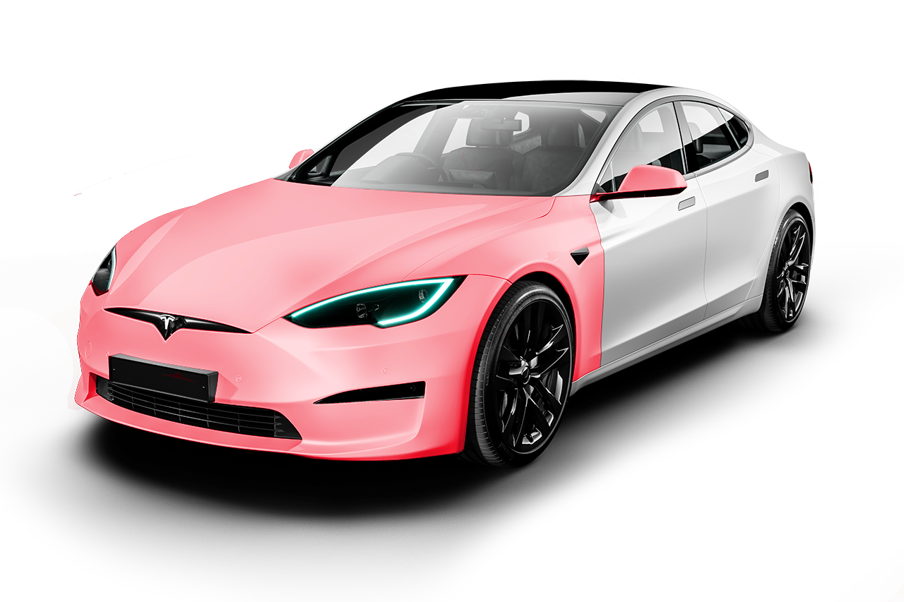 A tesla model s with a pink paint job on it.