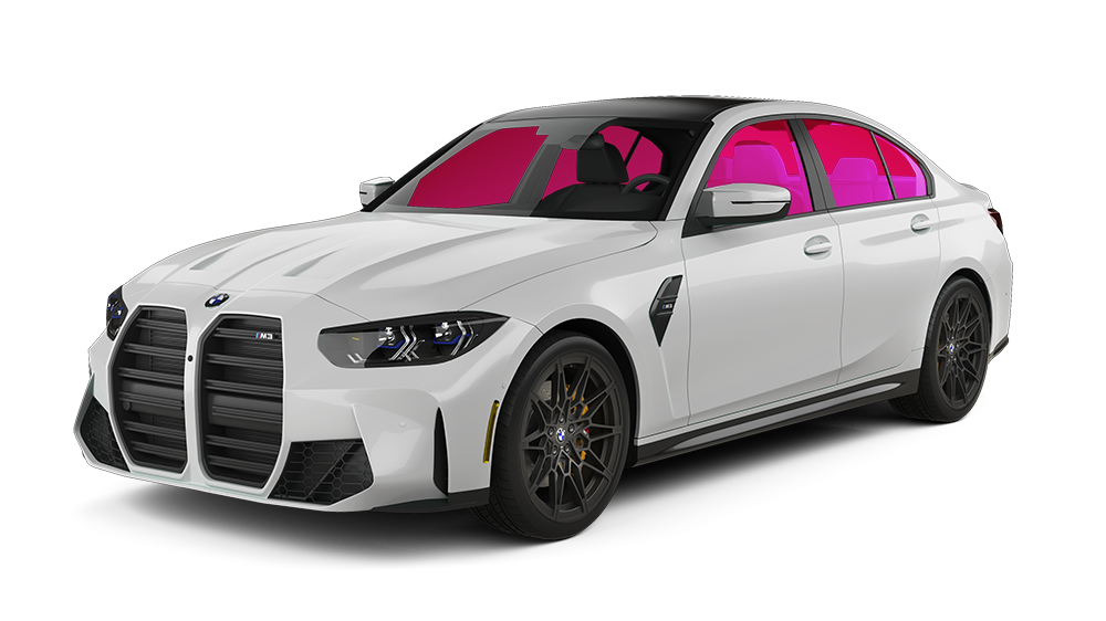 A white bmw m3 with pink airbags on the windows on a white background.